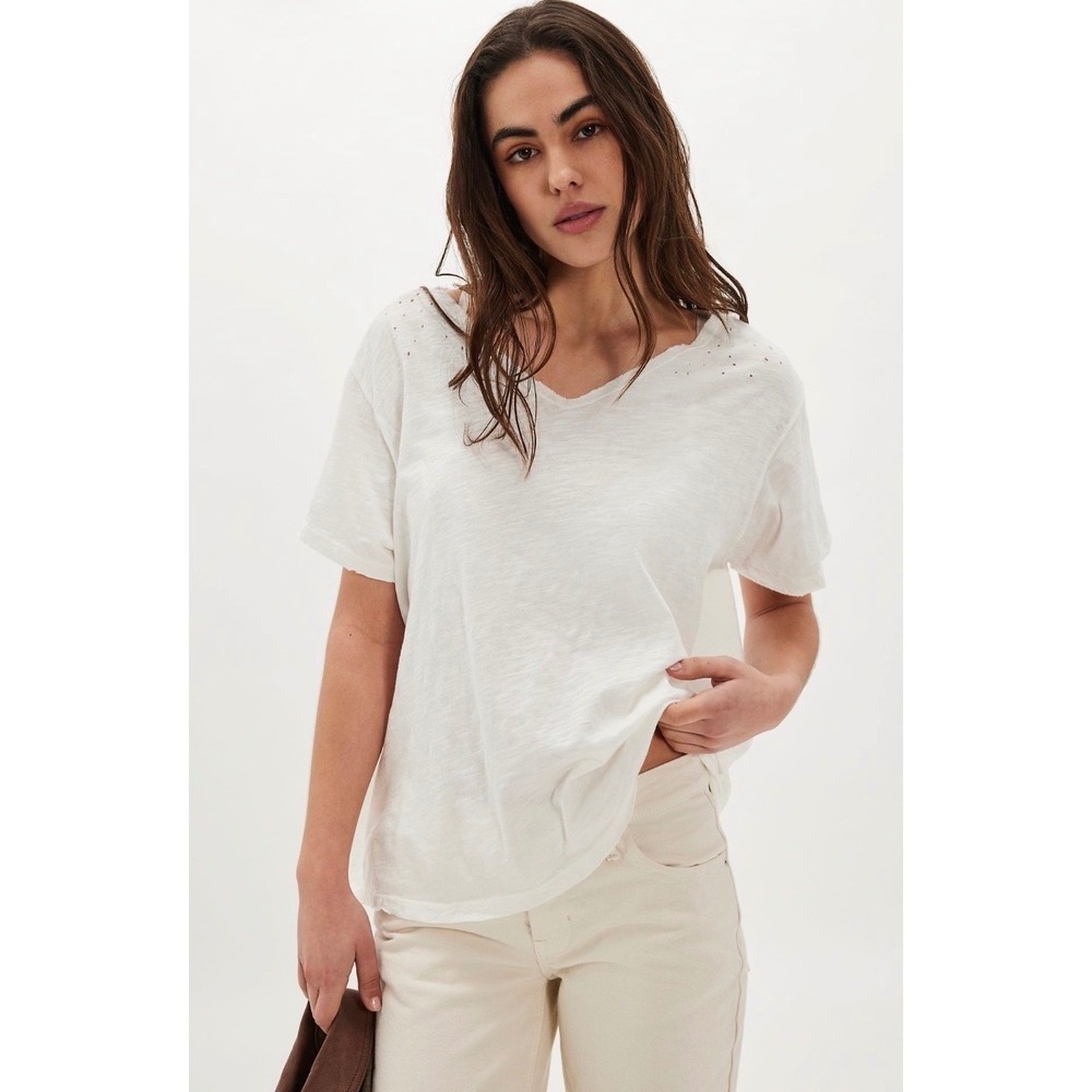 Magnolia Pearl Short Sleeve V Neck White Distressed Europa Tee NWT OS